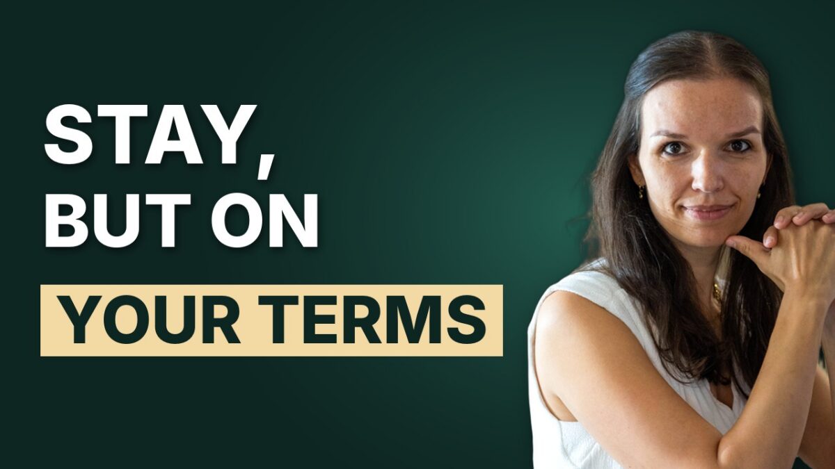 podcast thumbnails saying 'stay, but on your terms'