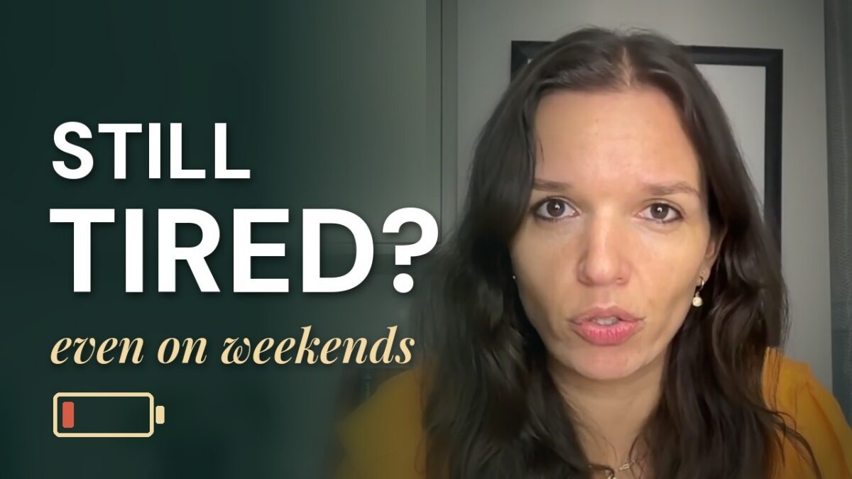 Podcast thumbnail saying 'still tired, even on weekends?'